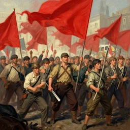 Workers struggle against the bourgeoisie, workers revolution, red flags, Greg Rutkowski, detailed, digital art, trending on artstation, cinematic