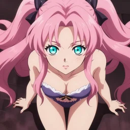 stunningly beautiful omnipotent megalomaniacal anime goddess who looks like junko enoshima with symmetrical perfect face and porcelain skin, pink twintail hair and mesmerizing cyan eyes, looking down upon the viewer and taking control, mid view from below her feet, hyperdetailed, 2 d anime, 8 k