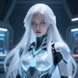 perfect android girl, glowing warframe armor, beautiful face, scifi, futuristic, space station, laboratory, kwak ji young, dreamy, long white hair, blue cyborg eyes, cinematic lighting, innocent, highly detailed, focused, artstation, divine, by gauthier leblanc, kazuya takahashi, huifeng huang, jama jurabaev