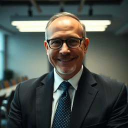 a portrait photograph of a smug executive in a business suit in a board room, dof, low light, highly detailed, 4 k, cinestill 8 0 0 t, by michael tanji