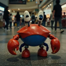 a cute crab robot, in 2 0 0 2, at a mall, street style, royalcore, low - light photograph, photography by tyler mitchell