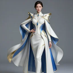 detailed beautiful noun in white blue gold coat, seductive confident pose, attractive feminine curves, intricate, futuristic, elegant cape, elegant, white, red, black, photorealism, trending on artstation, holy halo, advanced technology, art by moebius and vitaly bulgarov and chanthara