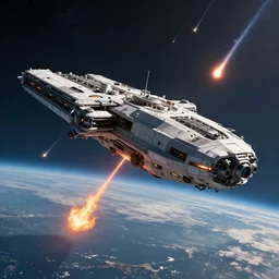 a giant spaceship flying over earth as meteors hit earth, lots of fire, concept art,