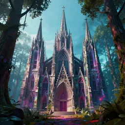 a modern gothic cathedral in an ancient forest by simon stalenhag and josan gonzalez, cyberpunk, vibrant, high contrast, fuzzy details