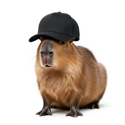 a photo of a capybara with a baseball hat isolated on a white background in soft lighting