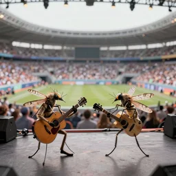 realistic photograph of two mosquitos playing two guitars, on a stadium stage, in front of a large audience