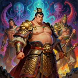 attractive beefy male with armor, tang dynasty, character design, colorful, neon lights, cthulhu, painting by gaston bussiere, craig mullins, j. c. leyendecker, tom of finland