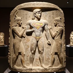 superman, with his iconic chest logo, carved onto an ancient mesopotamian stele. in the carving he is meeting people. cuneiform inscriptions. museum display.
