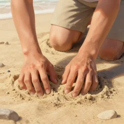 a little man made of sand, on his knees, on a beach, closeup, highly detailed hands, anatomically correct, digital art by wlop, deviantart contest winner, fantasy art, digital illustration, digital painting, photoillustration
