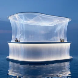 a bar made with translucid fabric, water in front, parametric, blue hour, hyperrealistic, elevation, vray, unreal engine, trending on artstation