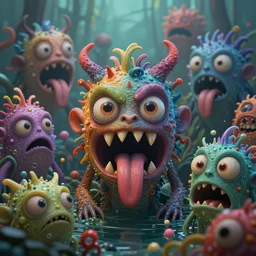intricate colourful murky with strange cute friendly angry crazy!!! creatures with huge beauty eyes long tongue triangle teeth and scary face appearing from the water, in the style of craola, shallow depth of field, highly detailed, digital painting, trending artstation, concept art, illustration, cinematic lighting, vibrant colors, photorealism, epic, octane render
