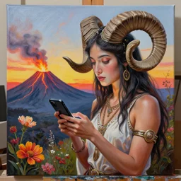 acrylic on canvas painting by senior concept artist josephine wall, horned ram goddess checking her cell phone, erupting volcano and sunset in distance, flowers in foreground, trending on artstation, intricately detailed, highly detailed, high resolution, hdr, 8 k
