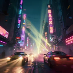a 3 d rendered in unreal engine guatemalan cyberpunk city with neon ads and signs with evocative dramatic mood with blade runner vibe with cars with motion blur with depth of field with bloom with lightshaft with volumetric lights, fog, by scott robertson, oscar winning graphics, photo realistic, bloom, imax, dynamic lighting, artstation, 3 d video game