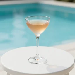 5 5 mm photo of tall cocktail glass on a zen minimalist round white table with gorgeous pool in the background. highly detailed 8 k. intricate. lifelike. soft light,