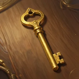 a detailed digital art of a gold door key on a wooden table, by victo ngai and greg rutkowski, digital art, realistic painting, very detailed, fantasy, dnd, character design, trending on artstation