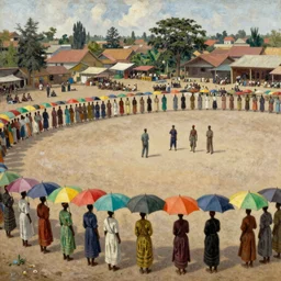 dahomey officials with flat colorful umbrellas gather for the xwetanu in ahomey's huge main square, from above, 1905, highly detailed, oil on canvas, by ilya repin