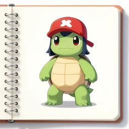 character art book for a turtle girl with red cap, anime 2d platformer