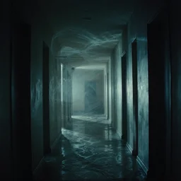 infinite hallway, water caustics, film still from the movie directed by denis villeneuve and david cronenberg with art direction by bernie wrightson and h. r. giger