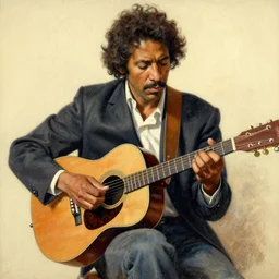 drawing of robbie basho the influential folk blues and fingerstyle guitar player, painting by jc leyendecker