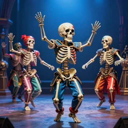 hyperrealistic popart very cute milticolored medieval skeletons dancing jason limon digital painting dramatic blue lighting wide angle hd 8k sharp shallow depth of field