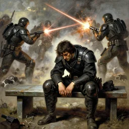 an intense battle rages behind an android soldier sitting on a bench, laser blasts, dramatic, he is sad, hunched shoulders, detailed concept art by caravaggio and greg rutkowski and norman rockwell and ruan jia