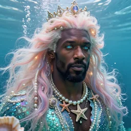 “ idris elba portrait, fantasy, mermaid, hyperrealistic, game character, underwater, highly detailed, sharp focus, cinematic lighting, pearls, glowing hair, shells, gills, crown, water, highlights, starfish, jewelry, realistic, digital art, pastel, magic, fiction, ocean, king, colorful hair, sparkly eyes, fish, heroic, god, waves, bubbles, king ”