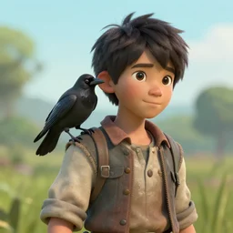 a small boy with dark hair, wearing farm clothes, he has a small crow on his shoulder, artstation, concept art