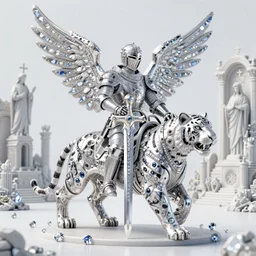 3 d render of gemstones bedazzled catholic knight, angel with an excalibur magical sword portrait riding a cyborg bengal tiger with angel wings, temple ruins, catholic saint statue ruins, landscape, sakura season, against a psychedelic surreal background with 3 d butterflies and 3 d flowers n the style of 1 9 9 0's cg graphics against the cloudy night sky, lsd dream emulator psx, 3 d rendered y 2 k aesthetic by ichiro tanida, 3 do magazine, wide shot