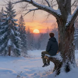 ryan church jon mccoy concept art mood painting man sitting in tree winter watching beautiful december sunrise detailed forest