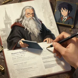 Gandalf writing his resume to work at Hogwarts, extra detailed, digital illustration, by Makoto Shinkai and thomas kinkade, digital painting, Matte painting, trending on artstation and unreal engine