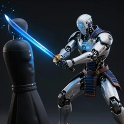 a photo of cyborg samurai slashing a training dummy with a blue katana, futuristic, holographic, 8k, sharp focus, fujifilm
