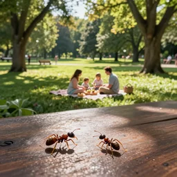 A family having a picnic in park from the perspective of an ant on the table - 35mm