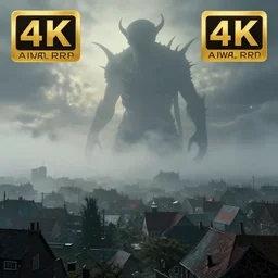 high quality, 4 k, detailed, hd, award winning photography of a very foggy town with a silhouette of a massive lovecraftian creature in the sky.