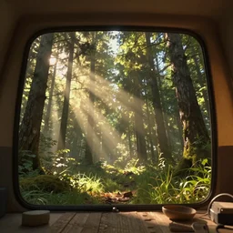 volumetric, vivid, godrays, warm lighting, concept art of an inside of a cabin in the woods, cinematic view, grass, concept art, trending on artstation, beautiful, low angle, epic sky, art greg rutkowski, detailed, huge scene, by jordan grimmer, high detail