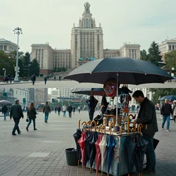 sales stall selling umbrellas, in a square, pedestrians walk past. background of old soviet monument. storyboard, scifi cyberpunk. by gabriel hardman, joe alves, chris bonura. cinematic atmosphere, detailed and intricate, perfect anatomy