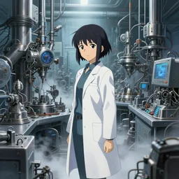 in the hightech laboratory full of different advanced metal equipments very high details, volumetric fog, raytracing anime style girl in labcoat, fantastic details, anime art, trending on artstation, pixiv, makoto shinkai key visual kyoto animation studio ghibli tran ross