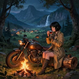 panoramic photograph on a girl from final fantasy live action, with short black hair and green eyes in a tan trenchcoat sitting on a log and drinking tea by the campfire by her motorrad, steampunk motorcycle, in the forest at night, ray tracing, large landscape with village, beautiful, mountains, waterfalls, award winning, masterpiece digital painting by greg rutkowski, alex grey, artstation, 4 k wallpaper, jakub rozalski