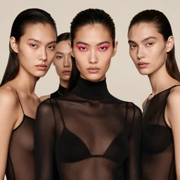 professional head shot photograph of vogue fashion model wearing black sheer bodysuit by reza nia, nick knight, amy judd, jil sander minimal romantic heavenly elite style, posed, fluorescent eye makeup, beautiful, studio, studio lighting, flat natural tones, sharp focus, 8 k, very fine detail, stunning matte painting