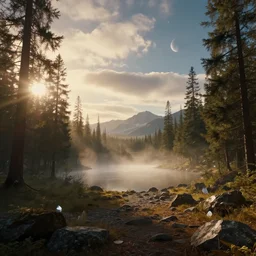 epic crystalline forest with a lake, golden hour, misty ground, rocky ground, distant mountains, atmospheric perspective, altostratus clouds, planets, cinematic, 35mm lens, anamorphic lens flare, photographic, octane render, cinematography by roger deakins, in the style of ansel adams, low details,