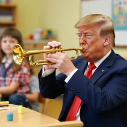 donald trump playing a toy trumpet in kindergarten