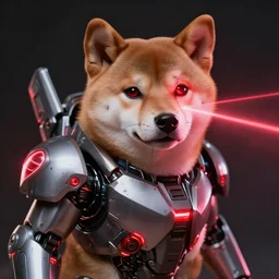 wearing power armor, scifi, cyborg, anthropomorphic shiba inu, laser vision, masterpiece, glowing red neon light, by artgerm, realistic face