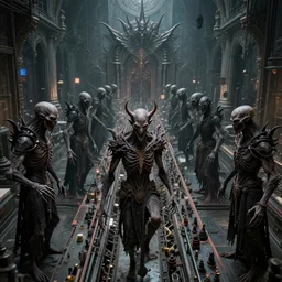 evil souls being mass - produced on cyber - gothic - baroque production line, detailed, intricate, advanced, fantastic reality, 8 k resolution