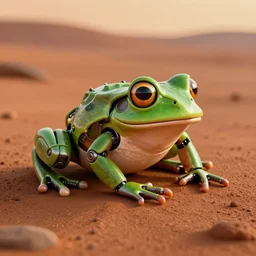 a robotic frog resting on mars, soft surface texture, very realistic 3 d render, soft sun lights, 4 k, high detailed photography result, 5 0 mm lens, rich deep colors, smooth gradients, depth of field, cinematic, hyper realism, high detail, octane render, unreal engine, 8 k, vibrant colors