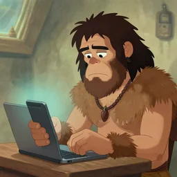 a neanderthal caveman checking his email
