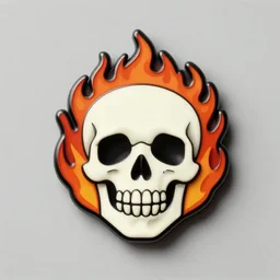 a retro minimalistic wide smiling skull with fire flame enamel pin, hd, concept art