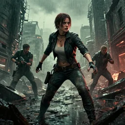 Maggie Robertson from Resident Evil Village attacked in the wreckage city in the rain,by Tim Hildebrandt ,James Paick,Ted Nasmith, peter gric,Hugh Ferriss,trending on artstation,8k,Blade Runner 2049,ultra realistic,high detail,golden ratio,cinematic lighting,maximalist