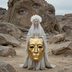 The full body shot of beautiful pale witch with a while flower and full-face golden mask in a rocky desert background, multiple eyes and eyes reflection by Lubezki, Gaspar Noe, Darren Aronofsky, Guillermo del Toro and Christopher Doyle, long hair, photography, wide shot, day, cinematic composition, practical effects, award winning photo, 8k