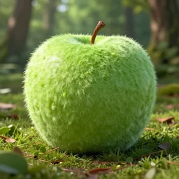 a cube shape green fluffy apple in the woods, hyperrealism, dynamic lighting, render 8 k, realistic photo