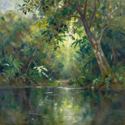 oil painting lanscape by anders zorn, jungle nature, fruit trees, very very very very beautiful art, dramatic light, water reflections, aquarelle paint splashes and drips, drops