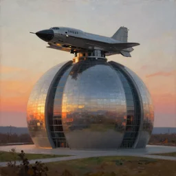 a majestic building designed by tadao ando with spaceship landing on roof at sunset, oil painting, by greg rutkowski, by raphael lacoste, by craig mullins